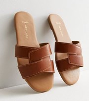 New Look Wide Fit Tan Leather-Look Stitch Sliders